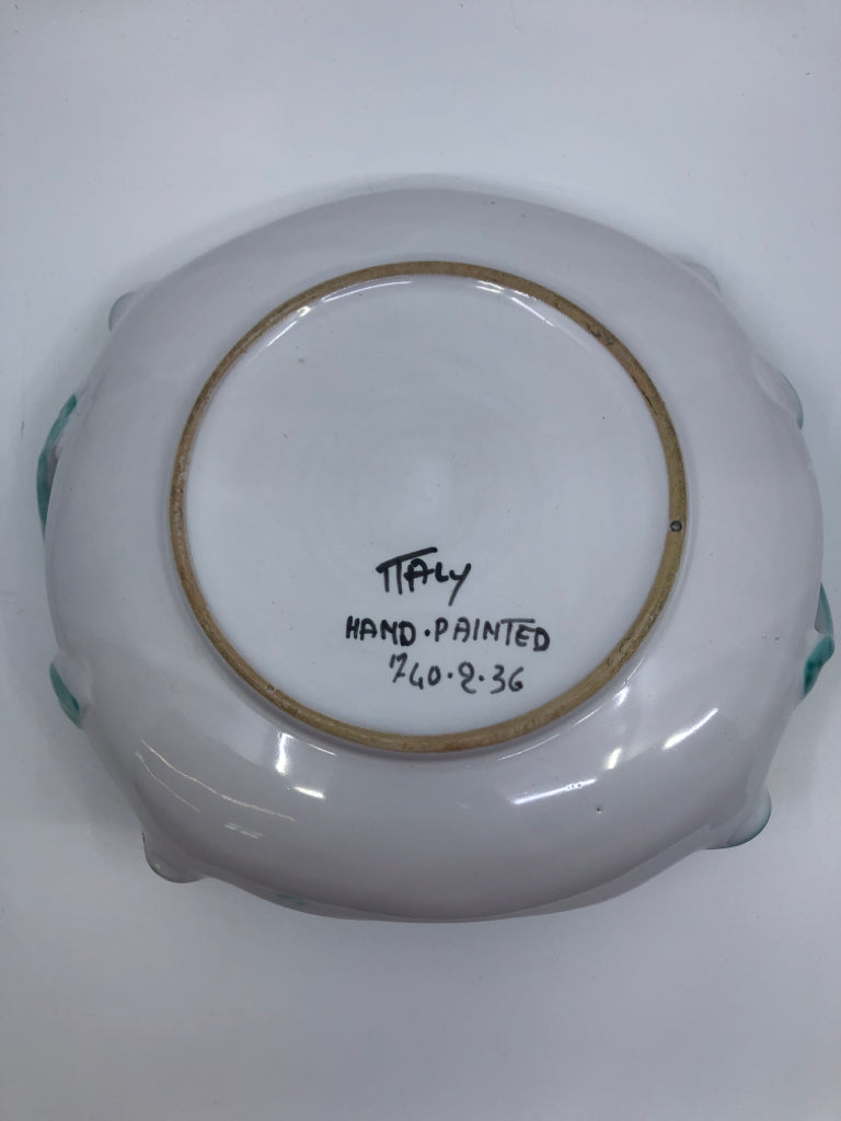 POTTERY PLATTER WHITE/AQUA WITH BIRDS HANDLE MADE IN ITALY.