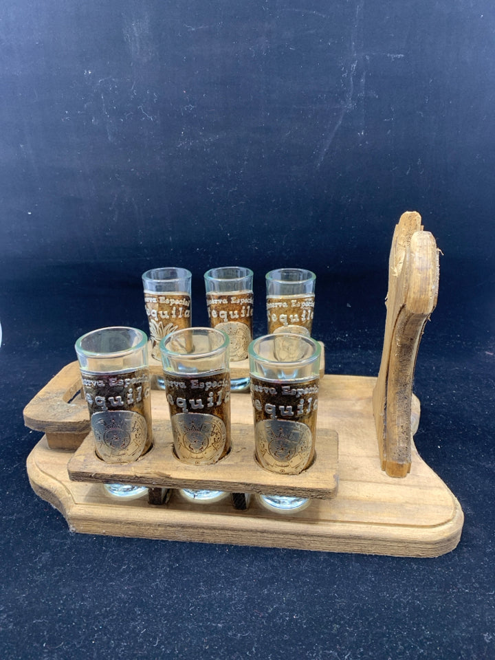 VTG TEQUILA BOTTLE HOLDER & SHOT GLASSES.