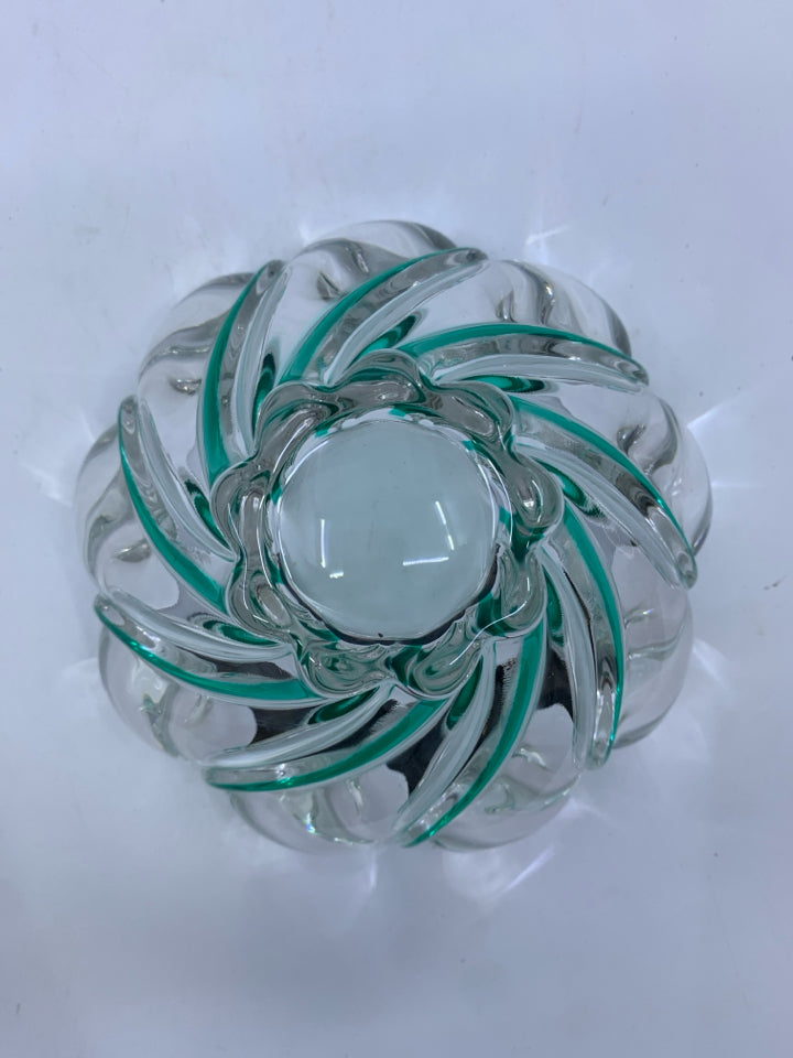 SCALLOP EDGE GREEN SWIRL CANDY DISH.