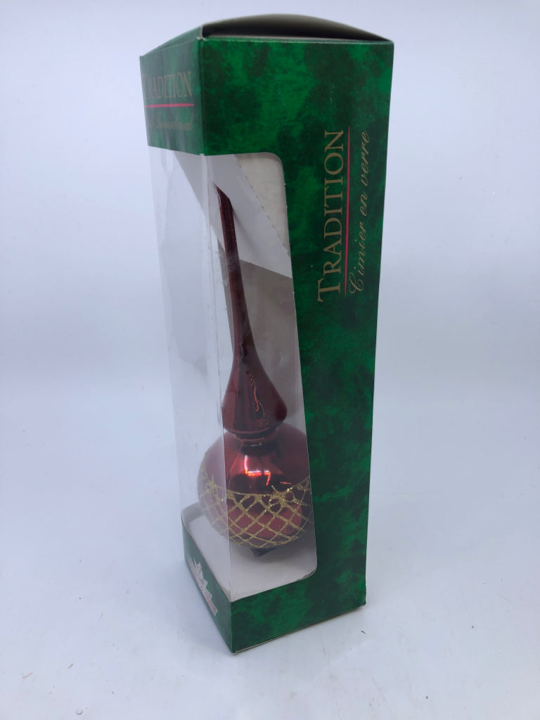 NIB GLASS RED AND GOLD TREE TOPPER