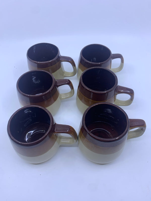 6 TWO TONED BROWN MUGS.