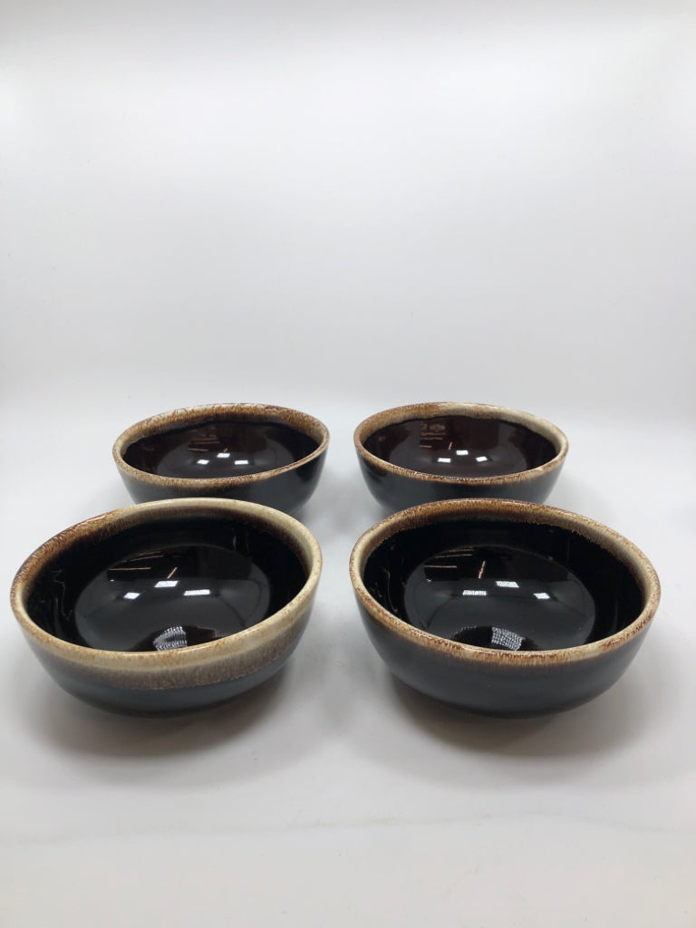 4 VTG BROWN DRIP GLAZE BOWLS.