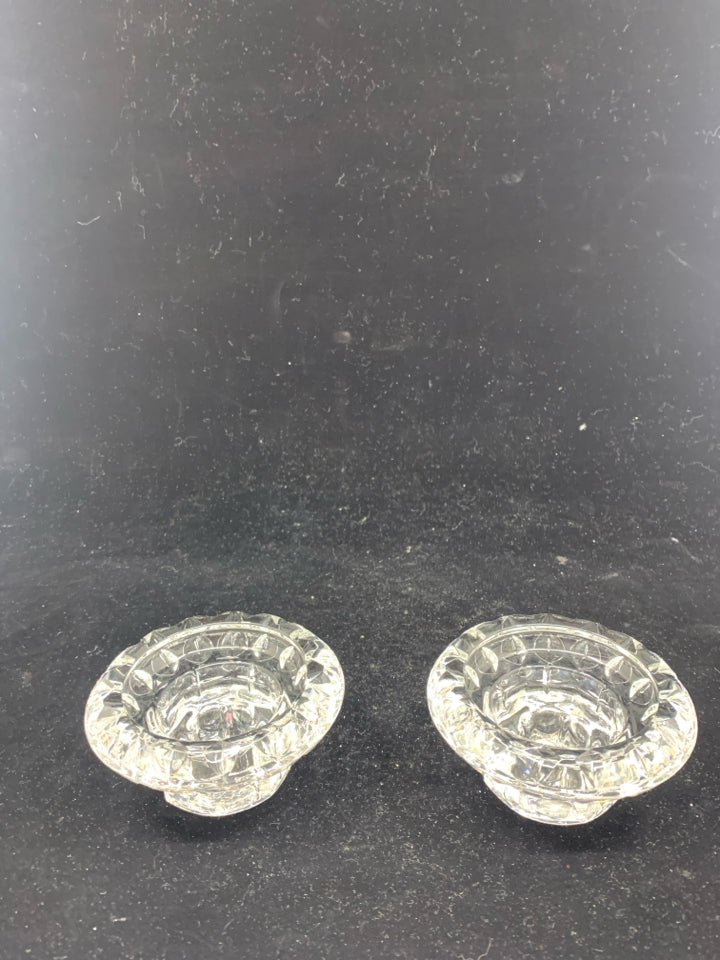 2 SHORT GLASS TAPERED CANDLE HOLDERS MADE IN FRANCE.