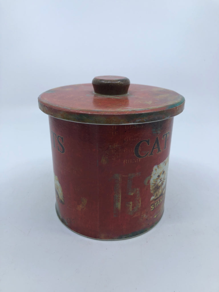 PRIMITIVE TIN RED W/ WHITE CAT TREAT CANISTER.