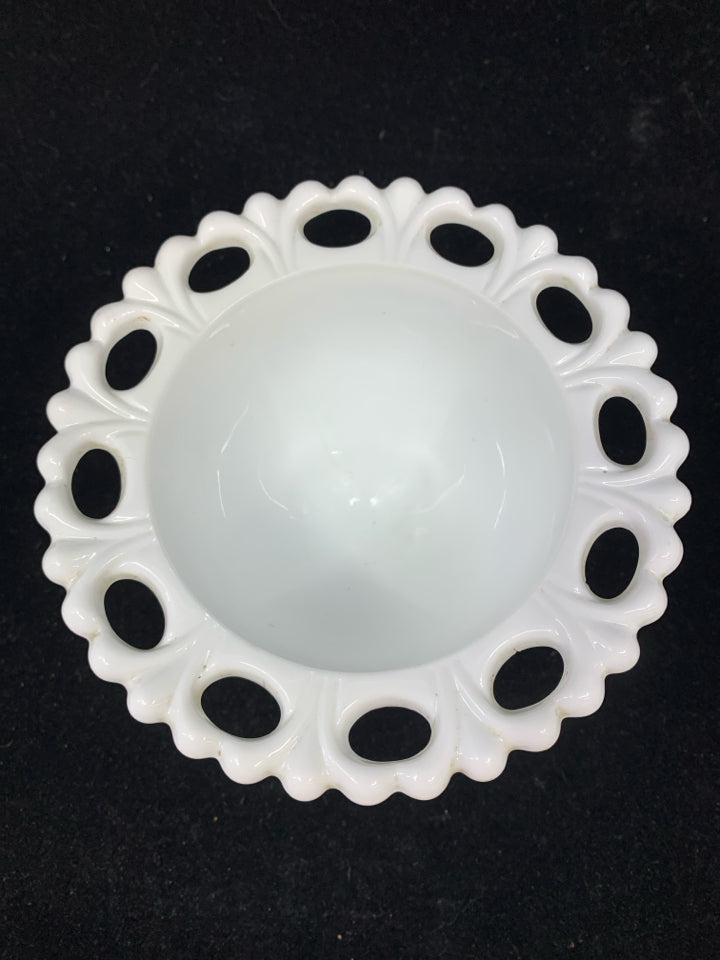 VTG MILK GLASS LACED EDGE FOOTED CANDY DISH.