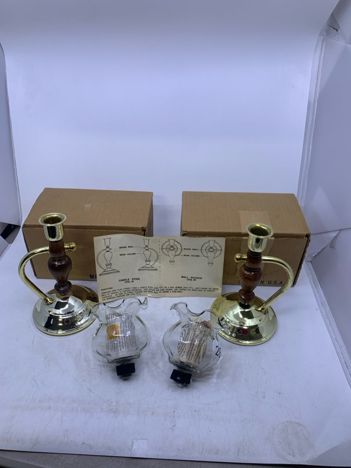 2 NIB WOOD/BRASS TEA LIGHT CANDLE WALL SCONCES W/ GLASS INSERTS.