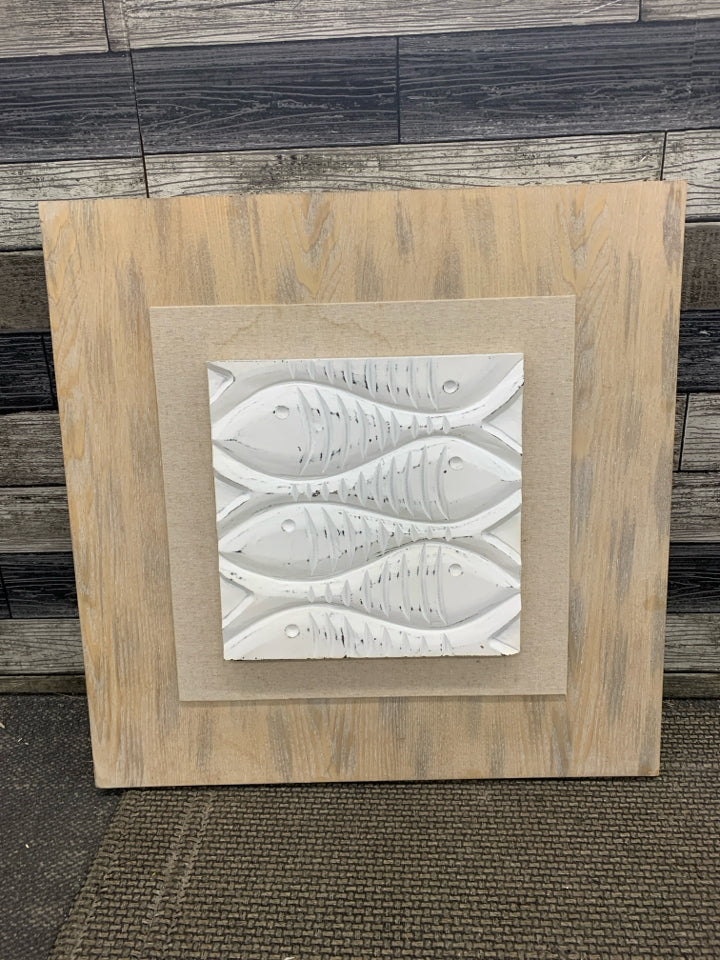 CARVED FISH WOOD & CANVAS WALL-HANGING.