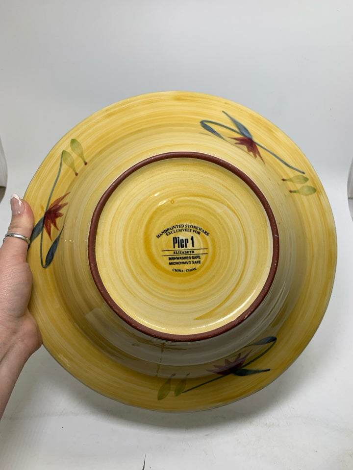 GREEN YELLOW W/ FLOWERS STONEWARE SERVING BOWL.