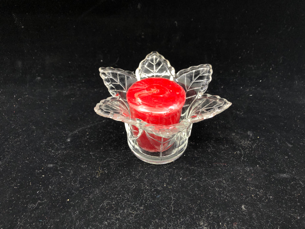 LEAF GLASS VOTIVE HOLDER WITH CANDLE.