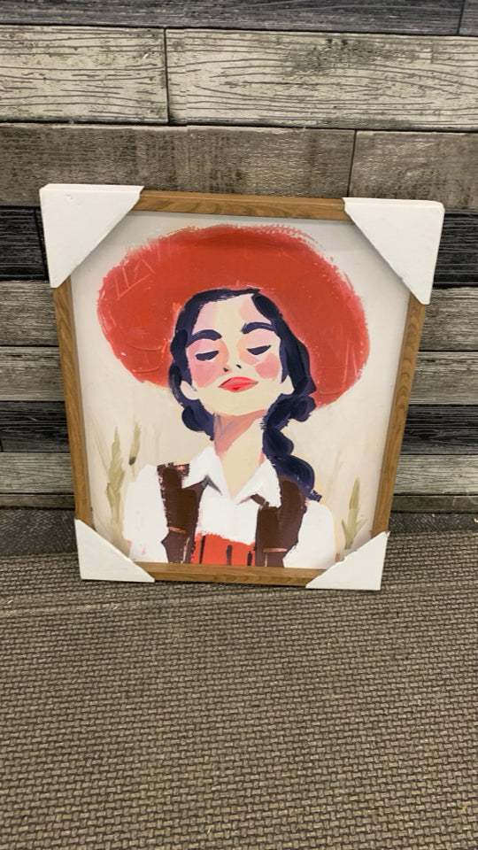 TEXTURED WOMAN IN HAT PAINTING IN WOOD FRAME.