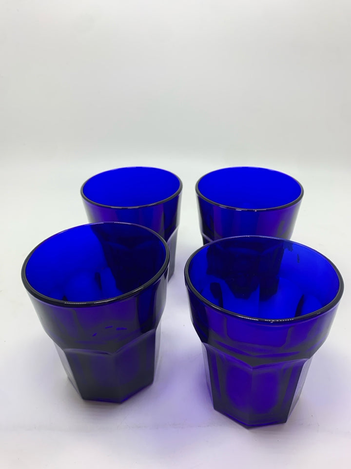 4 COBALT BLUE GLASS CUPS.