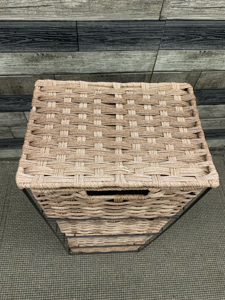 4 TIER WOVEN BASKET SHELF.
