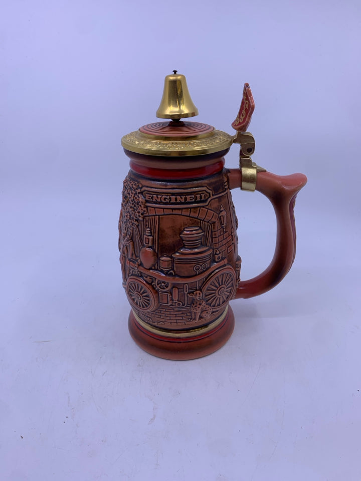 RED FIRE ENGINE EMBOSSED BEER STEIN.