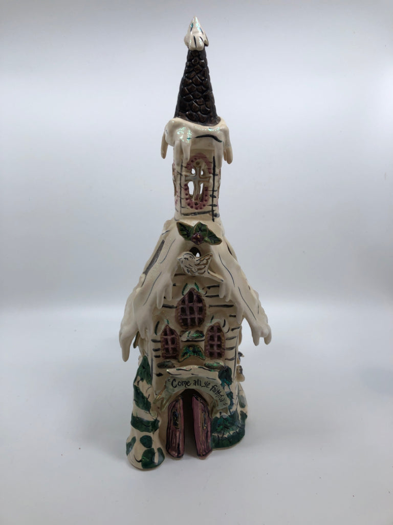 2PC TALL CERAMIC CHURCH CANDLE COVER W/TRIVET.