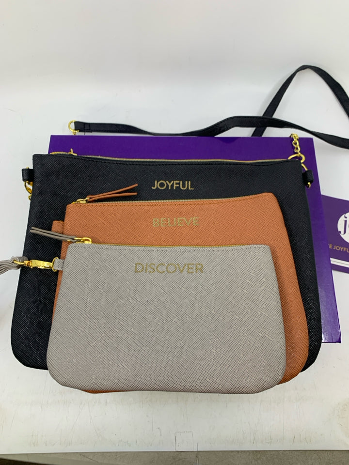 Joy Mangano Discover/Believe/Joyful 3 Pc Wristlet Pouch Set w/ Box