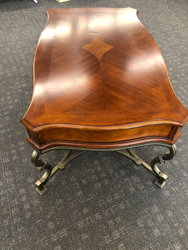 METAL BASE COFFEE TABLE, WOOD INLAY TOP W/2 CARVED DRAWERS.