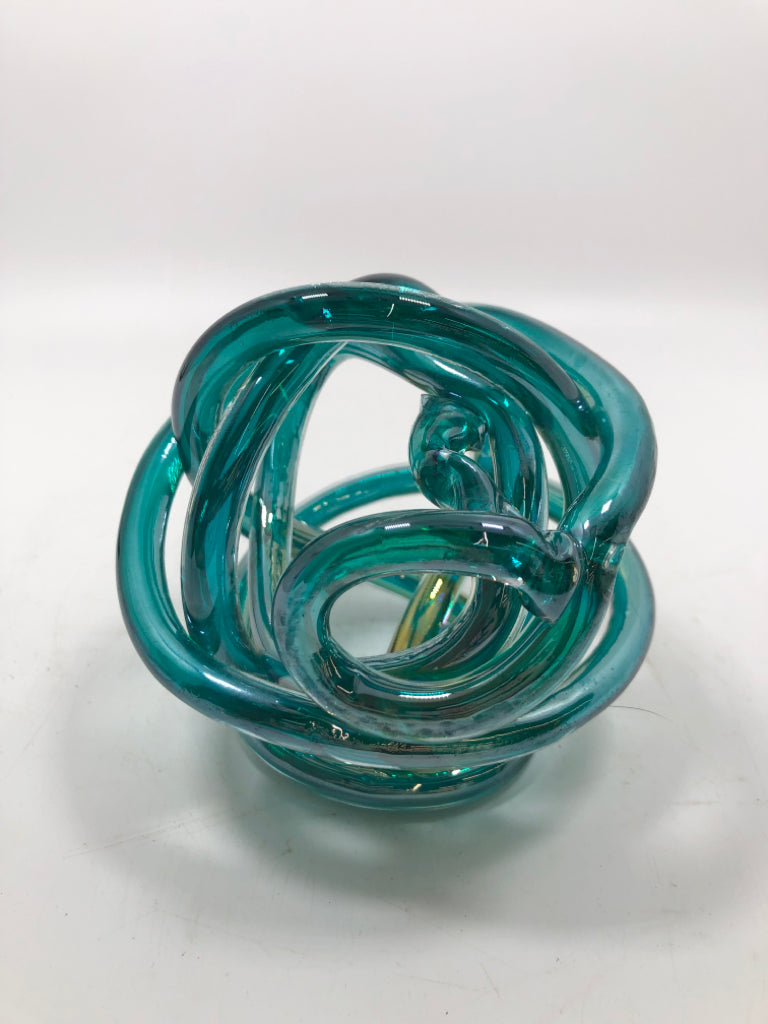 BLOWN TEAL GLASS KNOT DESK DECOR.