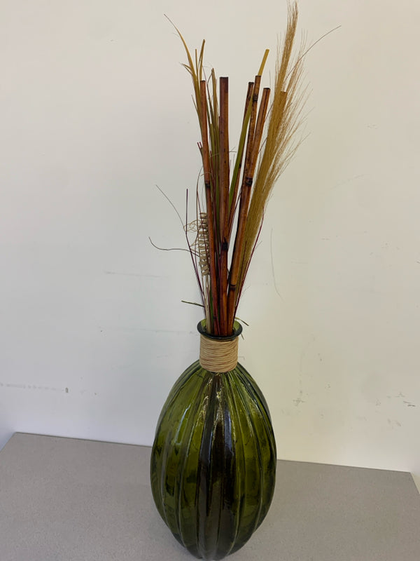 GREEN RIBBED LARGE BASE W/ WRAPPED NECK VASE W/ FAUX RED BAMBOO.