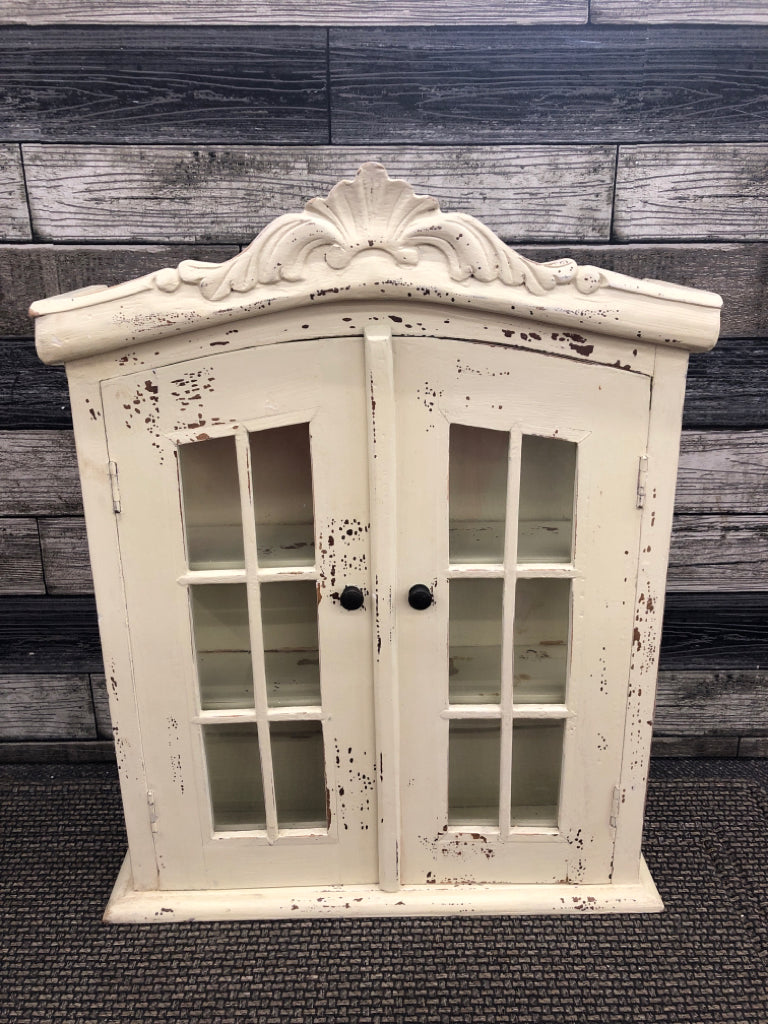 DISTRESSED CREAM MINI CURIO CABINET.