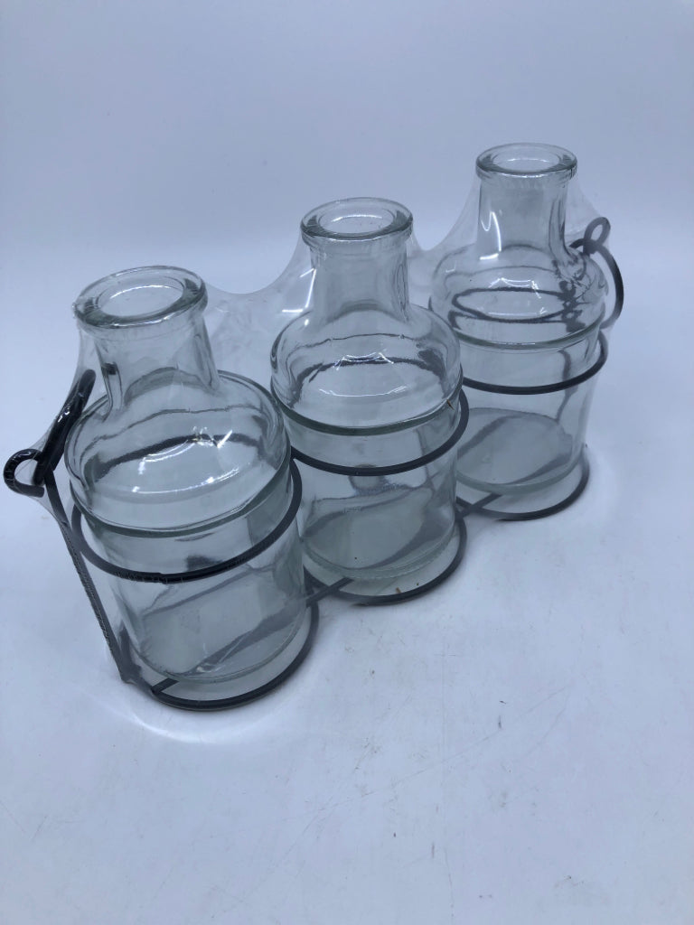 NIP GLASS BOTTLES IN METAL DECOR.