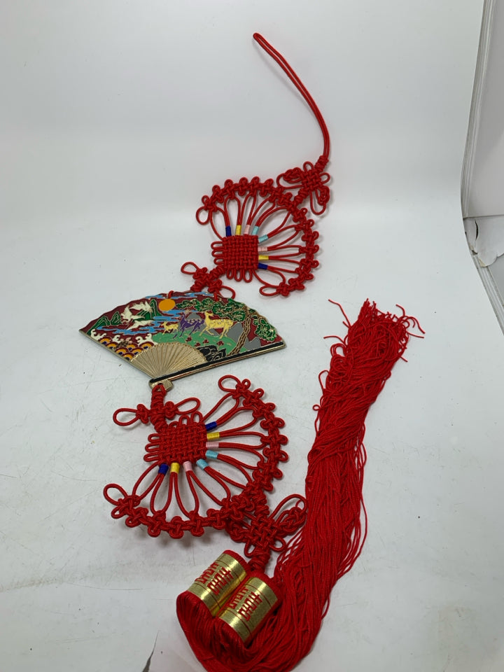 ASIAN STYLE METAL FAN W/ SCENE BRAIDED ROPE.