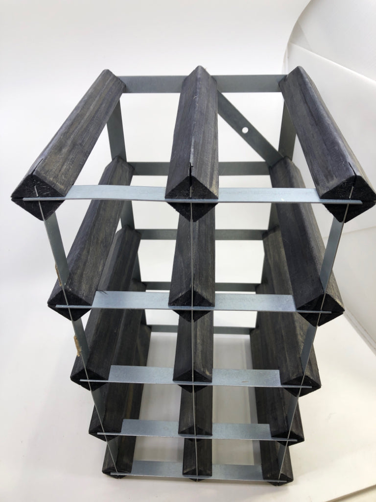 GRAY STAINED WINE HOLDER WITH METAL.