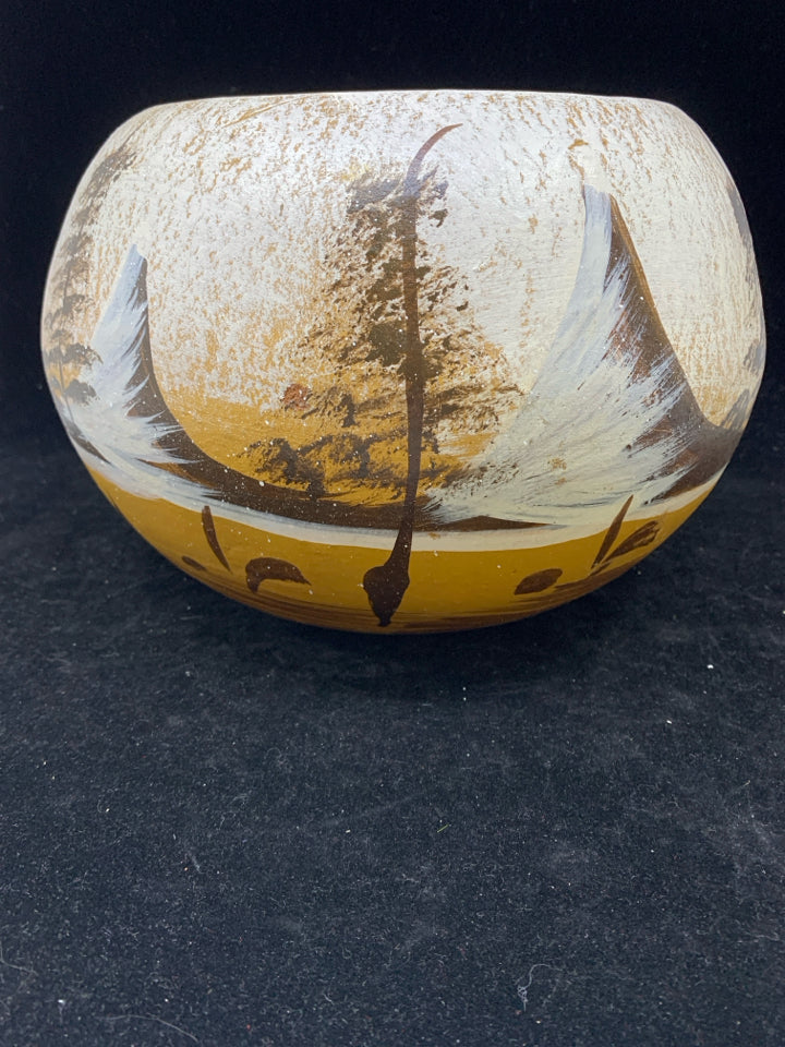 TERRA COTTA PLANTER W/ PAINTED MOUNTAINS+TREES.