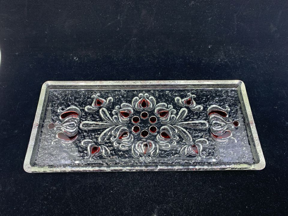 HEAVY GLASS RECTANGLE TRAY W/ SCROLL ETCHED PATTERN HINTS OF RED.