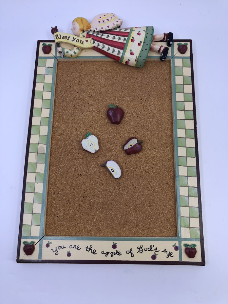 BLESS YOU CORK BOARD W GREEN CHECKERED EDGES.