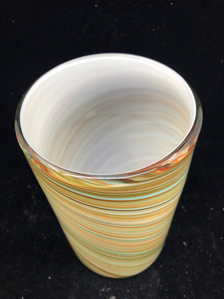 BROWN AND TEAL GLASS VASE.
