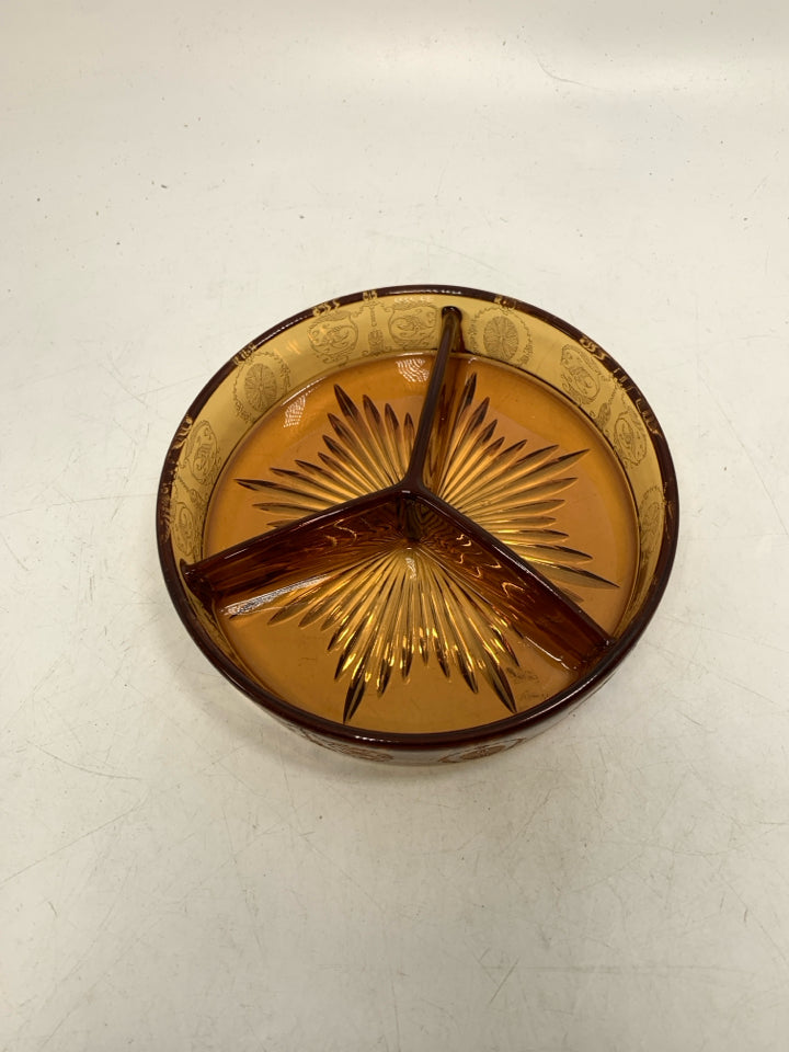 VTG DARK ORANGE DIVIDED DEPRESSION GLASS CANDY DISH.