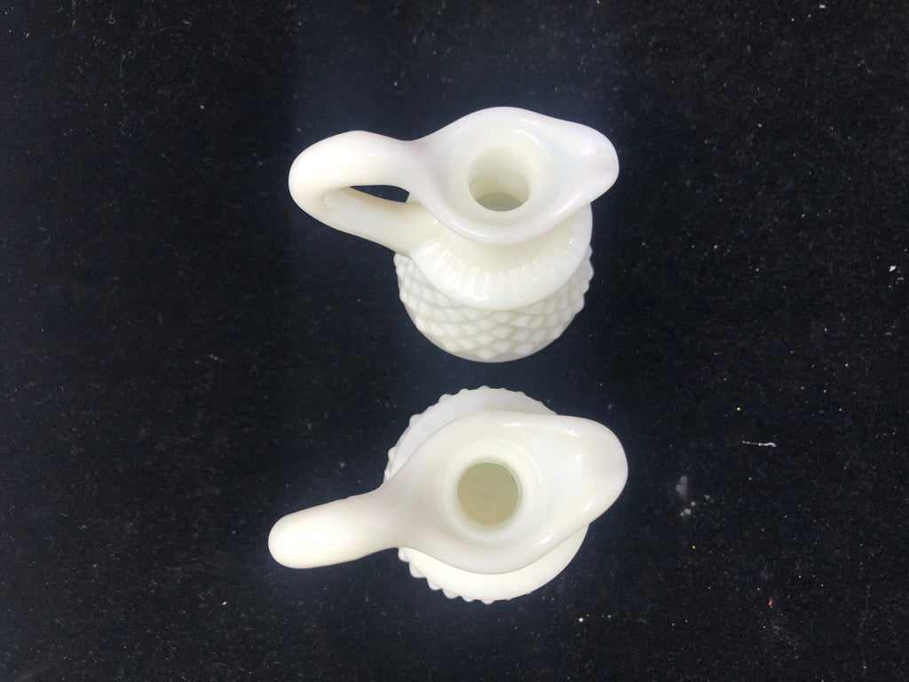 2 VTG MILK GLASS HOBBNAILED OIL AND VINEGAR EMPTY BOTTLE W STOPPERS.