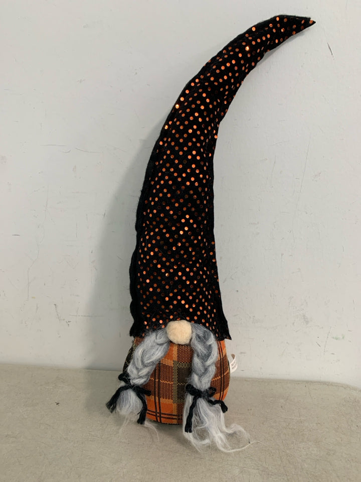 BLACK W/ ORANGE SEQUENCE HAT PLUSH BRAIDED BEARD GNOME.