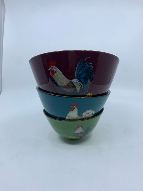 3 SUNFLOWER ROOSTER NESTING BOWLS.