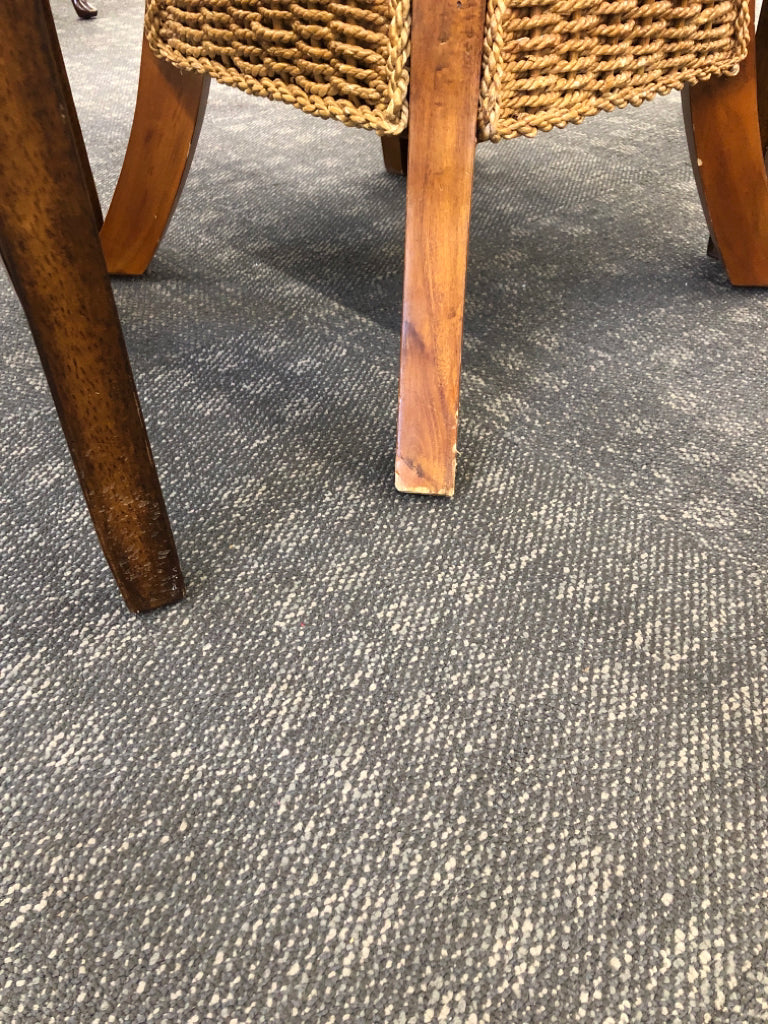 OVAL GLASS TABLE W/WICKER WRAPPED WOOD BASE, 4 BROWN FAUX LEATHER CHAIRS.