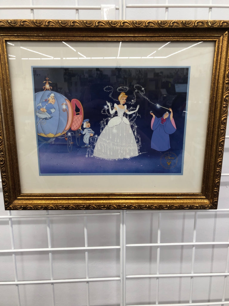 1995 CINDERELLA & FAIRY GODMOTHER LITHOGRAPH IN GOLD FRAME.