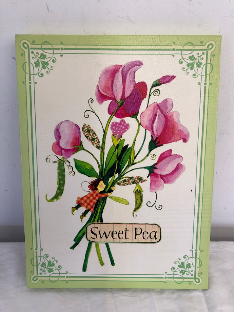 SWEET PEA WALL CANVAS W/ PINK FLOWERS.