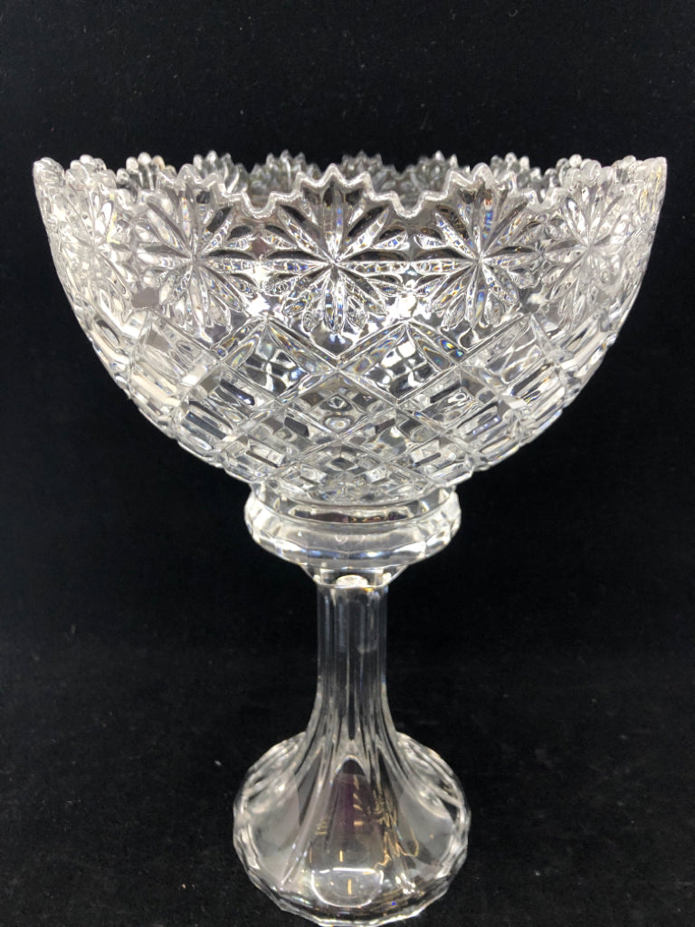 VTG LARGE GLASS CHALICE W/FLOWERS & SAWTOOTH RIM.