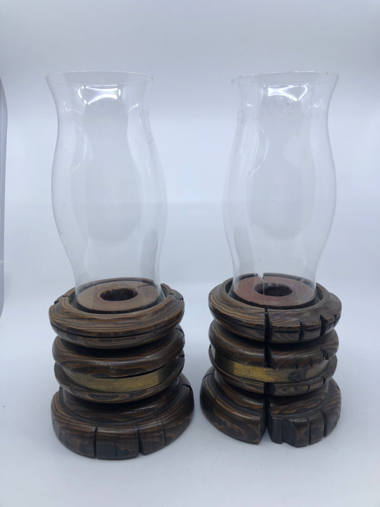 2 WOOD +GLASS PILLAR HURRICANE CANDLE HOLDERS.