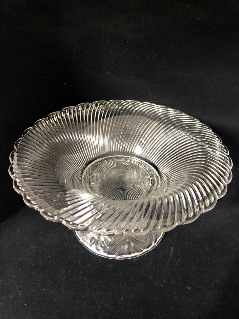 SWIRLED GLASS WAVY EDGE FOOTED COMPOTE CENTERPIECE.