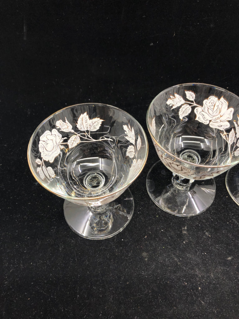 4 GOLD AND ROSE ETCHED DESSERT GLASSES.