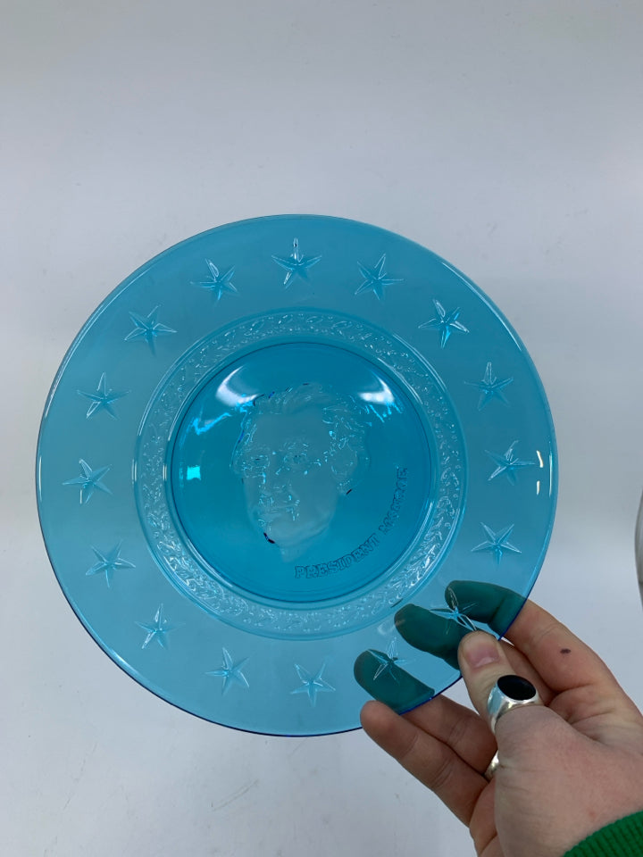 LIGHT BLUE GLASS EMBOSSED PRESIDENT MONROE DECORATIVE PLATE.