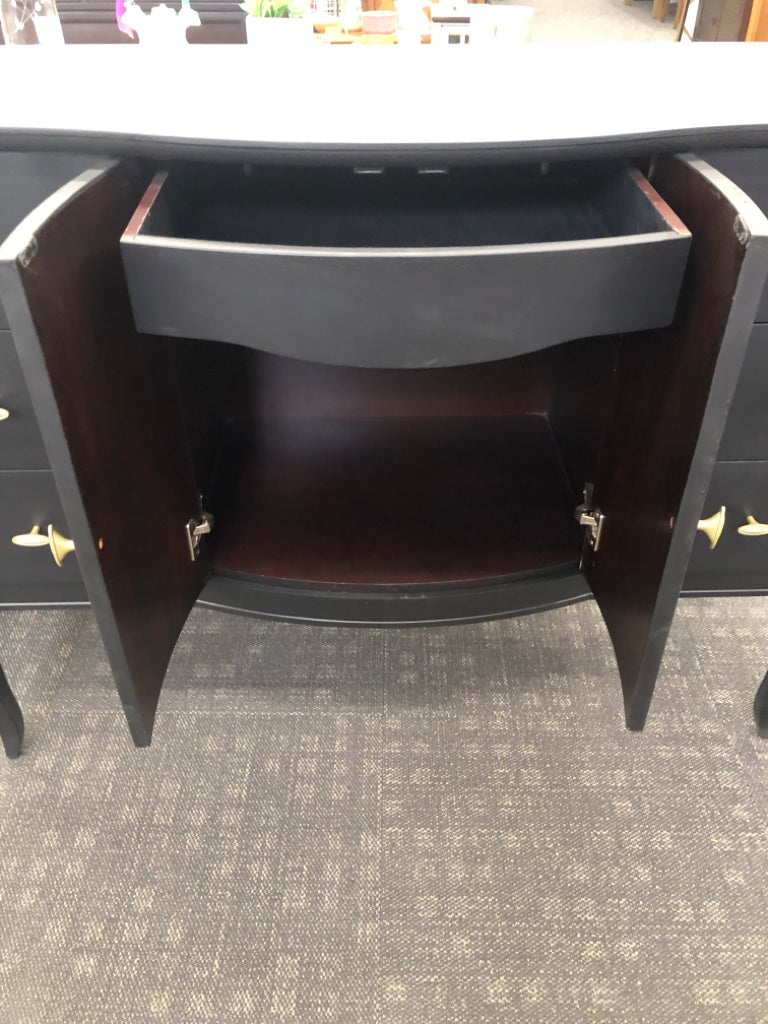 BLACK MID-CENTURY MODERN SIDEBOARD W/GOLD HARDWARE.
