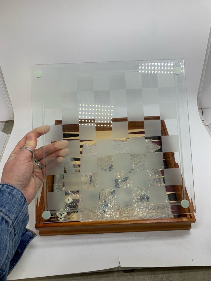 WOOD BASE W/ REMOVABLE GLASS TOP CHESS/CHECKERS  BOARD W/ GLASS PIECES.