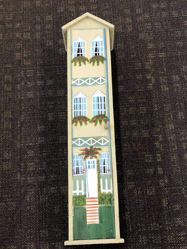 TALL WOODEN HOUSE BOOKSHELF W/PAINTED FLORALS.