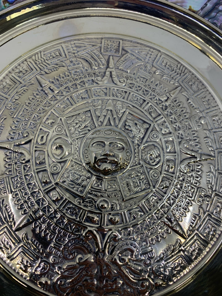 VTG SILVER METAL MOTHER OF PEARL AZTEC SUN CALENDAR.
