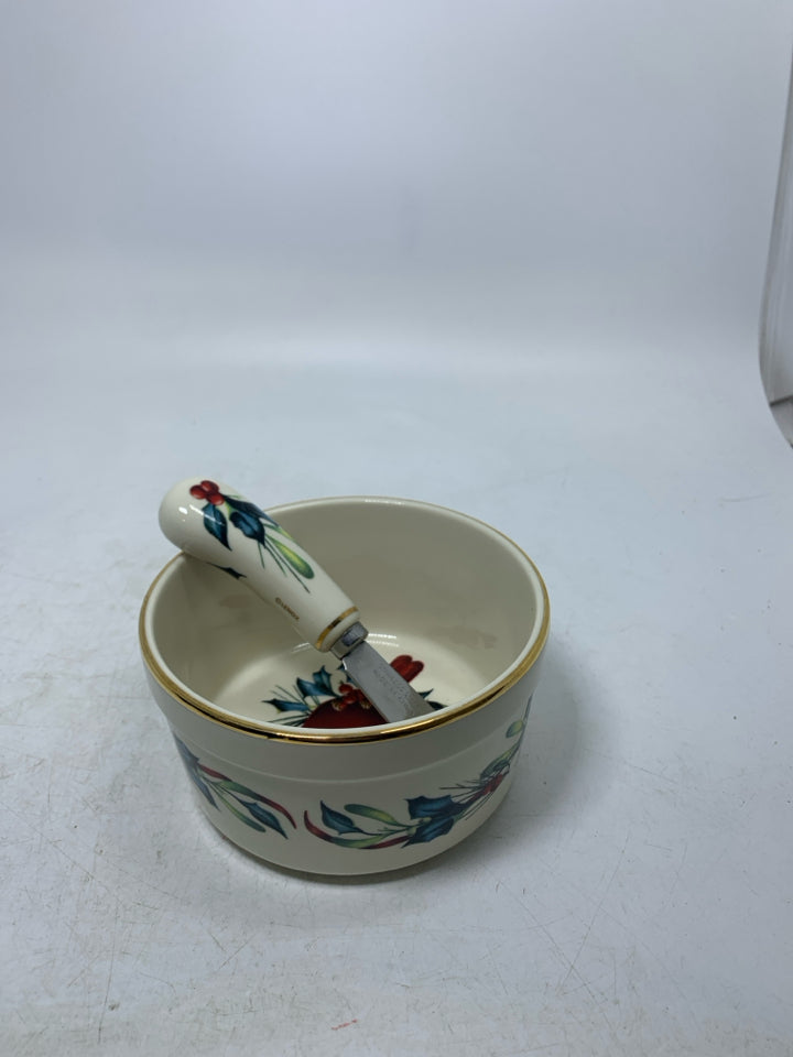 2 PC LENOX IVORY WINTER GREETING BOWL W/ SPREADER.