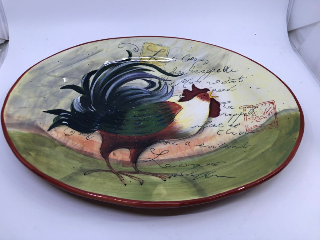 ROOSTER PAINTED OVAL SERVING PLATE.