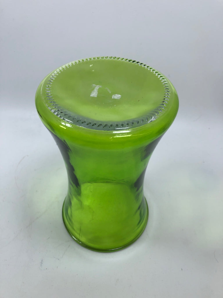 FLARED GREEN GLASS HOURGLASS VASE.