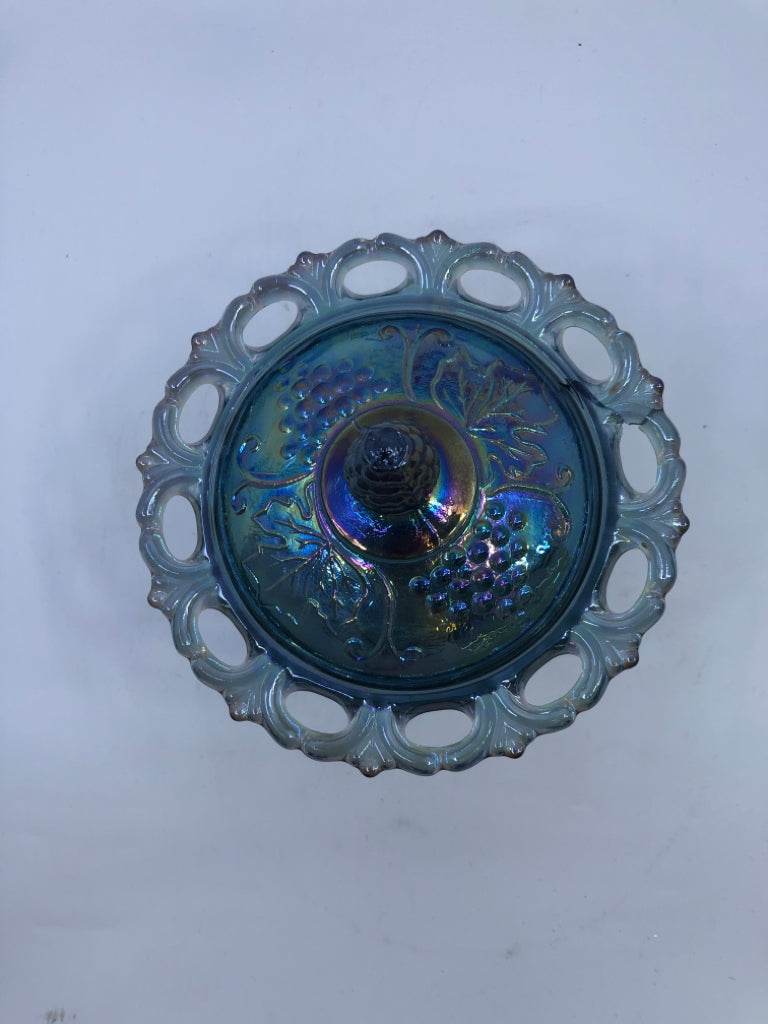 VTG BLUE IRIDESCENT FOOTED CANDY DISH W EMBOSSED GRAPES.